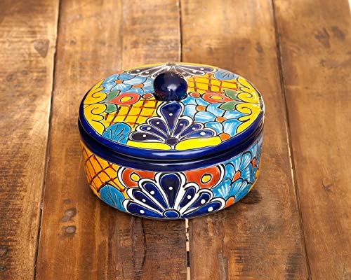 Talavera קסום מסורתי מקסיקני מסורתי מצויר ביד קרמיקה קערה חמה יותר עם מכסה עם מכסה צבעוני ספרדי מקסיקני