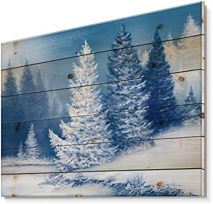 עיצוב Q יער אשוח חלומי עם שלג עצים מכוסים אגם בית עץ עץ עץ, אמנות קיר עץ כחול, נופים גדולים לוחות