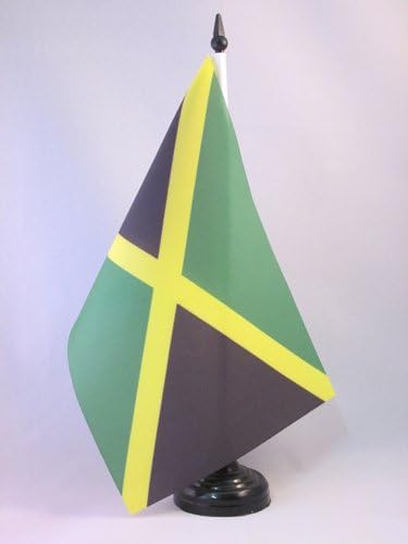 דגל AZ ג'מייקה שולחן דגל 5 '' x 8 '' - דגל שולחן ג'מייקני 21 x 14 סמ - מקל פלסטיק שחור ובסיס