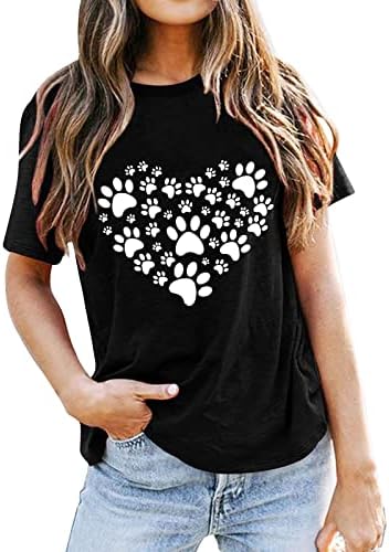 חולצת טריקו קיץ לנשים כלב חמוד כפה לב גרפי חולצות הדפס