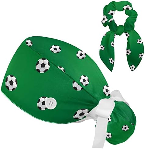 כדורגל כדורגל כדורי דפוס ירוק עבודה כובע עם כפתורים, ארוך שיער לשפשף כובע עם קשת שיער פצפוץ קוקו מחזיק