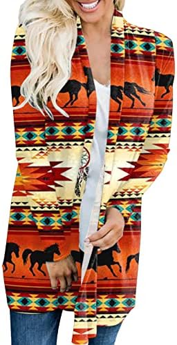 קרדיגן קל משקל לנשים אצטק הדפס קדמי פתוח עם הלבשה חיצונית עטופה חולצה מזדמנים שרוול ארוך כיסוי סוודרים