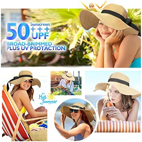 כובעי חוף לנשים, כובע שמש מתקפל הנשים הגנה על UV, כובעי שוליים רחבים לנשים, כובע נייר קש.