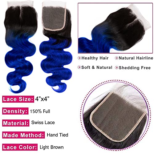 סגר כחול סקסי גל גוף, סגר ברזילאי 4 על 4 חלק חינם שיער אדם לא מעובד סגירת צבע כחול קו שיער קטוף מראש עם