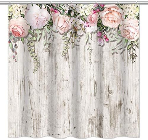 טיטיטקס ורדים ורודים פרחים מערכות וילון מקלחת, פרחים פורחים על רוטי אפור אפור עץ לבן דקורטיבי 70 x