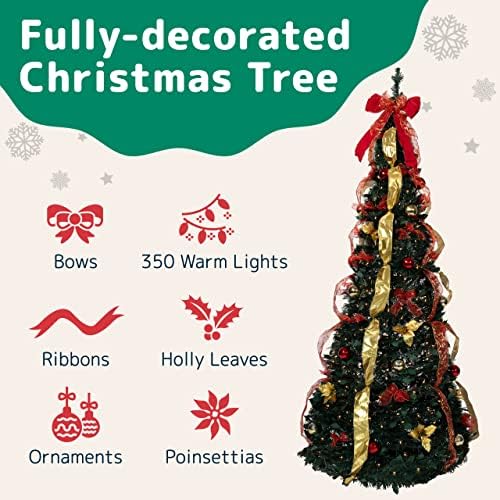 Prextex Premium 6 ft עץ חג המולד מעוצב מראש - עץ חג המולד קופץ עם אורות וקישוטים עץ חג המולד מתקפל עם