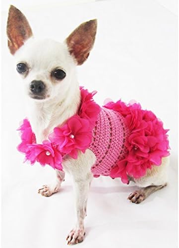 שמלת כלבים ורודה סרוגה עם פנינים פרחים בגדי חיות מחמד ייחודיים 14F