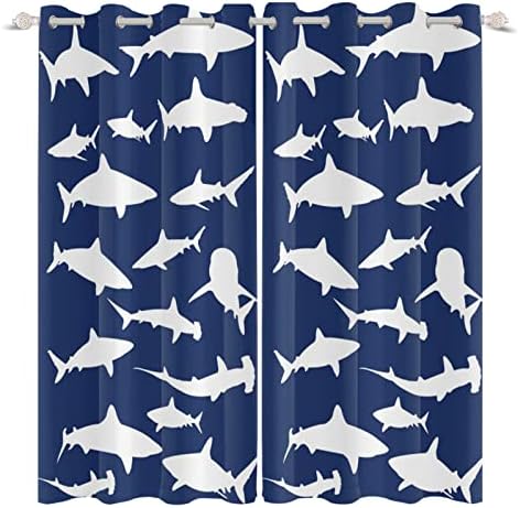 Umpoo לווייתנים חמודים וילונות חלון כרישים לבנים דפוס דפוס מודפס על וילונות חלון אפלה כחול חיל