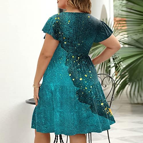 ADSSSDQ שמלות קיץ לנשים 2023 בגודל גדול שמלת צווארון V-צווארון אופנה הדפס מזדמן רופף שמלת חוף נוחה