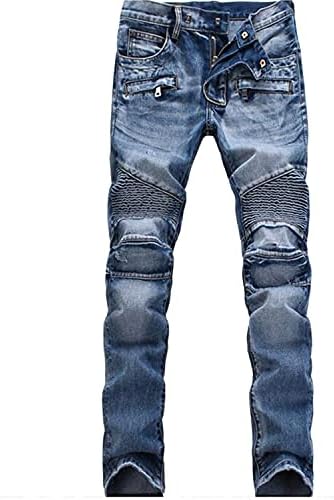 גברים של רוכסן דקו שטף ג 'ינס מוטו אופנוען קמטים רזה מתאים ג' ינס מכנסיים אופנוע במצוקה ז ' אן מכנסיים