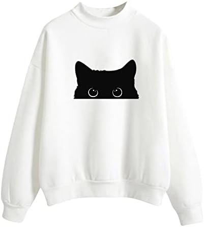 סווטשירטים לבנות נוער חתול חמוד סווטשירט סווטשירט סוודר צוואר מדומה חולצות שרוול ארוך חולצות לבנות