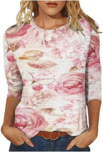 אמצע אורך 3/4 שרוול חולצות לנשים צבעוני פרחוני הדפסת חולצות צווארון עגול מקרית חולצות עבור 2023 קיץ