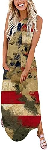 שמלות יום עצמאות לנשים רצועות צולבות ללא שרוולים הדפס דגל מקסי שמלת מקסי מפוצלת חוף קיץ מזדמן חוף שינה