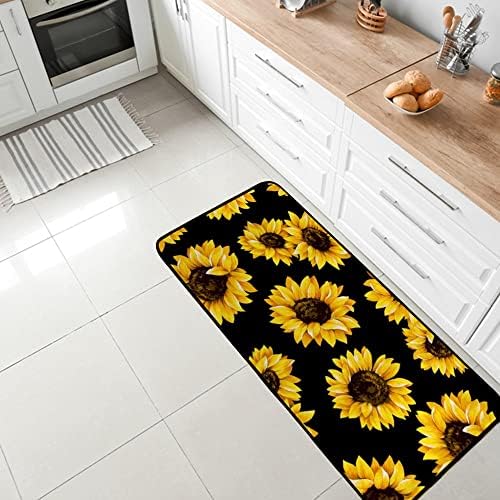 שטיח מטבח, שטיח רצפה חמניות שחור עיצוב החלקה רץ שפשפת עבור מטבח אמבטיה דקור - 39 איקס 20 סנטימטרים