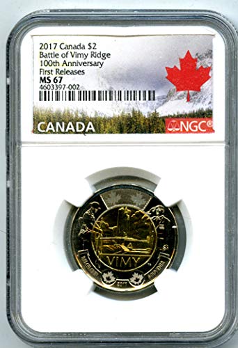 2017 CA קנדה TOONIE 100 שנה להיווסדו לקרב אוכלוסיית Vimy Ridge משחררת לראשונה 2 $ MS67 NGC