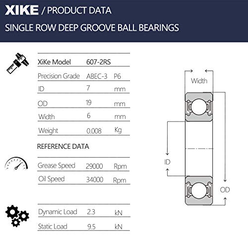 XIKE 10 PCS 607-2RS מיסבי חותם גומי כפול 7X19X6 ממ, ביצועים משומנים ויציבים מראש ומסבי כדור