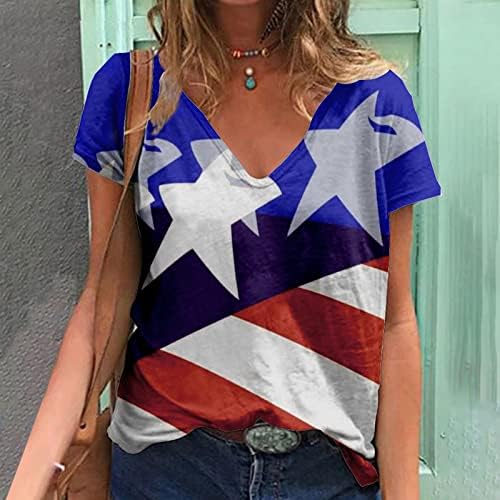 נשים VNECK SPANDEX T חולצות טרקלין חולצה חולצת שרוול קצר בלוק צבע עצמאות יום דגל דגל T חולצות O7
