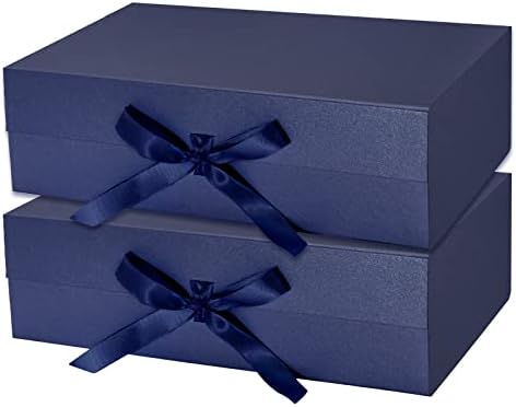 קופסא מתנה שחורה עטיפה 2 יחידות עם סרט סאטן, 13.8 על 7.9 על 4.7 אינץ ' קופסא מתנה מתקפלת עם סגירה מגנטית לחתונה,