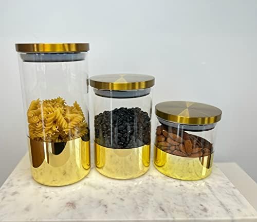 סט של 3 צנצנות זכוכית זהב-צנצנות אחסון זכוכית עם מכסים למטבח / מזווה-צנצנות זהב מודרניות ודקורטיביות