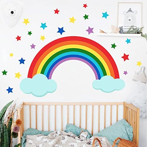 Maydahui Rainbow Cloud Cloud Wall מדבקות כוכבים צבעוניים קיר ויניל מדבקת קליפות נשלפות ומקל עיצוב קיר אמנות לתינוק