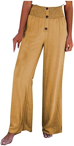 CHGBMOK פשתן מכנסי רגל רחבים לנשים מותניים אלסטיים מזדמנים מכנסי טרקלין ארוכים ארוכים