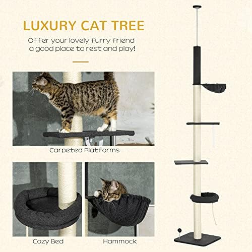 עץ חתול רצפה עד תקרה עץ חתול, מגדל טיפוס חתולים בן 5 שכבות, 95 ''-106 '' גובה מתכוונן עם פלטפורמות שטיחים,
