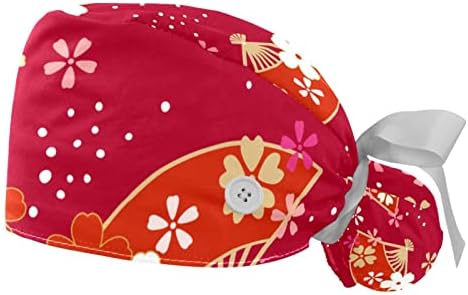 2 חבילות כובע ניתוח עם רצועת זיעה, כובעי בופנט נושמים שיער ארוך, כובעי קרצוף אחות מתכווננים יפנית אדומה