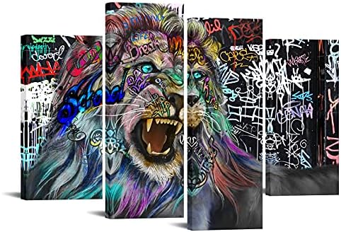4 פנל גרפיטי האריה בד אמנות תמונות קיר תפאורה מלך האריות מופשט יצירות אמנות שחור ולבן האריה ראש
