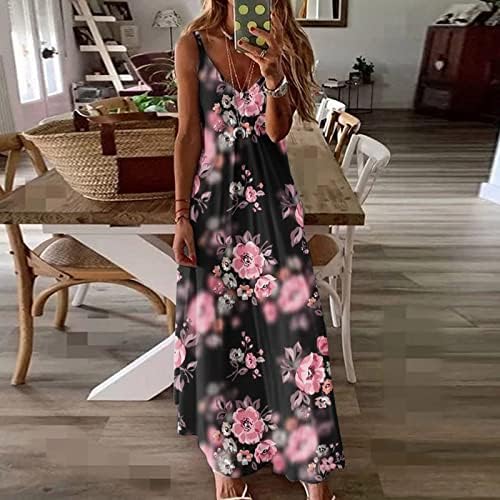 פג ' וק מקסי שמלה לנשים 2023 קיץ פרחוני מודפס שמלות קיץ מזדמן רופף שרוולים ספגטי רצועת חוף ארוך שמלות
