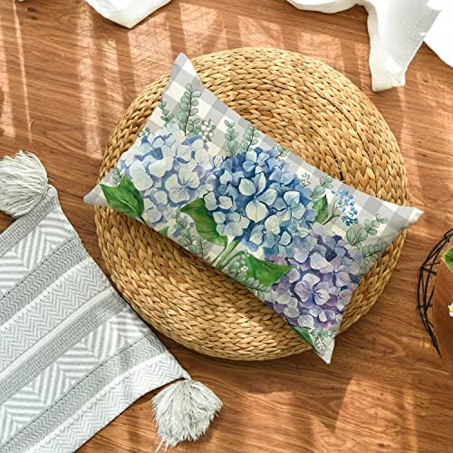 Avoin ColorLife Hydrangea אפור באפלו משובץ כיסוי כרית לזרוק קיץ, מארז כרית פרחים בגודל 20 אינץ 'לספה