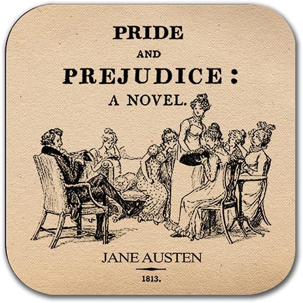 4 תחתיות עם הרומנים הפופולריים ביותר של ג'יין אוסטין. גאווה ודעות קדומות, אמה, חוש ורגישות ושכנוע. 4 תחתיות