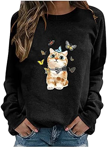 חמוד חולצות לנשים-מקרית חולצות צוות צוואר חולצות לנשים חתול פרפר מודפס סווטשירט בסוודרים חולצות