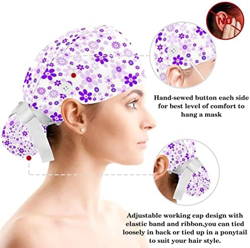 לבנדר פרח סגול סגול לשפשף כובעי כירורגי נשים עם כפתור מתכוונן כובעי כירורגית כובעי עם גומיית עבור נשים
