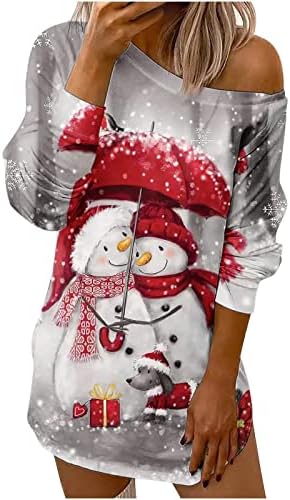 חג המולד טוניקת שמלה לנשים סנטה קלאוס הדפסה ארוך שרוול מזדמן חולצה שמלות נשים של חג המולד רופף מיני שמלה