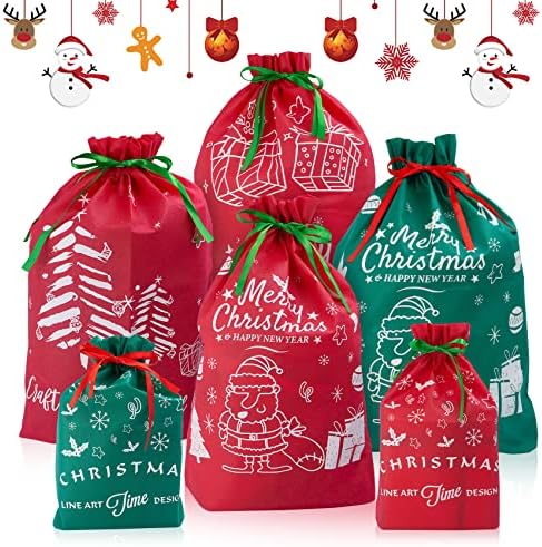 חג המולד בד מתנת שקיות-6 יחידות שרוך סנטה שק, אישית חג המולד מציג שקיות, לשימוש חוזר בד שקיות לאחסון ספקי
