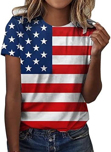 חולצות ספורט לנשים שרוול קצר יום העצמאות לנשים הדפס חולצות קיץ יומיות לצוואר נשים