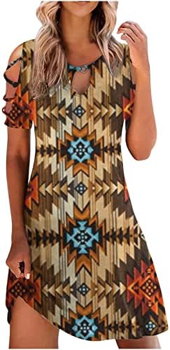 שמלת התאמה והתלקחות לנשים, נשות דפוס וינטג 'מזדמן הדפס צוואר עגול מהכתף שרוול קצר שמלה רופפת