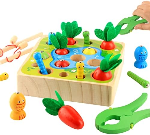 פעוטות Huobi צעצועים חינוכיים מעץ, צעצוע גזר קציר ומשחק דיג מגנטי פעילויות למידה בגיל הרך, למידת סדרן צורה,