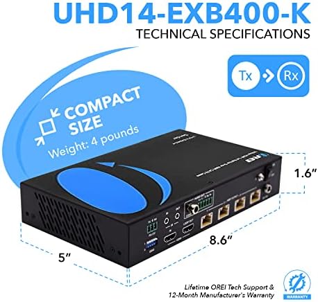OREI 1X4 HDMI 2.0 מפצל מאריך מעל CAT5/5E/6 עם IR - מקסימום 395 רגל בגובה 1080p, 2k x 4k @ 30 הרץ