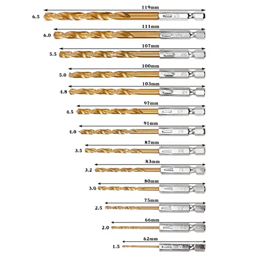 13 יחידות טוויסט מקדח מבחר סט טיטניום מצופה מברג קידוח כלים עם משושה ידית, 1.5-6.5 ממ