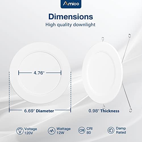 אמיקו 5/6 אינץ ' 5 סמ ק תאורה שקועה לד 12 מארז, 1050 ל מ דק במיוחד נורות לד שטוחות, ניתן לעמעום, מדורג, 12 וואט