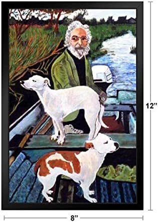 גבר בסירה עם כלבים ציור ציור פוסטר סירת מנוע על עמדת סרטים או תליית מסגרת עץ תצוגה 9x13