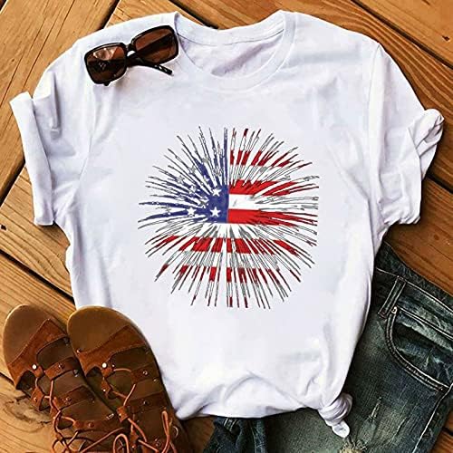 חולצת יום העצמאות של נשים 4 ביולי צמרות שרוול קצר אופנה חולצת טריקו דגל אמריקאי קיץ א-צוואר
