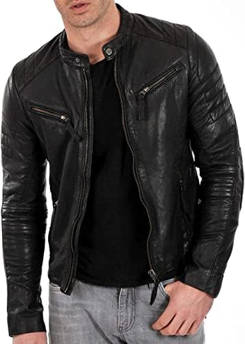 מצטיין גברים שחור וחום מקורי עור כבש ז'קט עור מעילי אופנועים אמיתיים לגברים