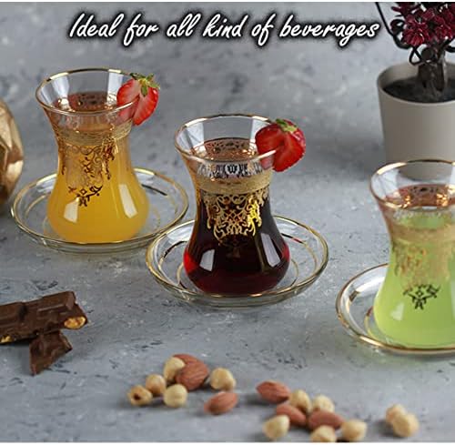 וינטג 'כוסות תה טורקיות כוסות סט של 6 וכוסות תה לצלוחיות לכלי זכוכית מסיבות שותים זהב ערבית ערבית מרוקאית מפוארת
