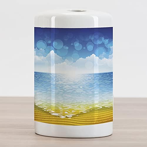 מחזיק מברשת שיניים קרמיקה של אמבסון חוף גרפי, חוף ים אופק חולי ותמונת שמיים מעוננים, משטח דקורטיבי