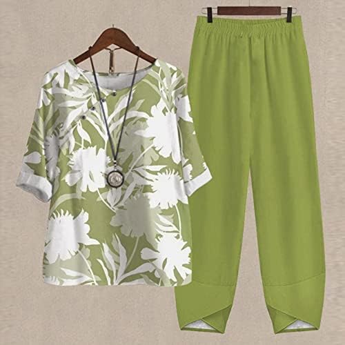 נשים שני תלבושות קיץ מקטעות פשתן כותנה 3/4 כפתור שרוול עליון ותחתון סט מכנסי הדפסה פרחים נוחים
