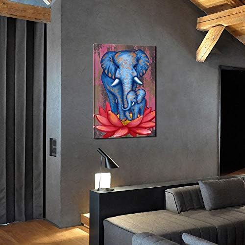 ציור פיל פיל אמנות קיר כחול פיל שבטי אמא ותינוק על פרחי לוטוס פוסטר הדפסת אמנות על יצירות אמנות בד מודרני