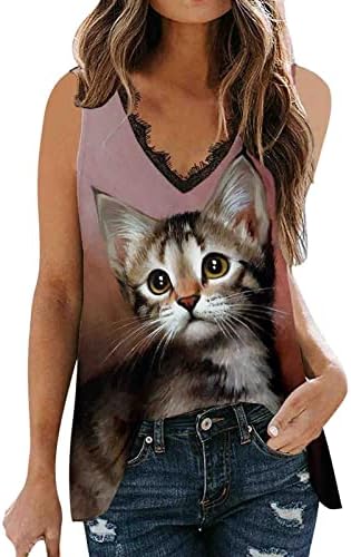 נשים קיץ ללא שרוולים חתול מודפס צווארון תחרה גופיות מקרית אפוד חולצות אימון סט