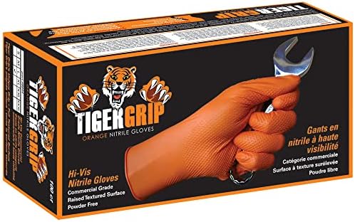 Eppco Tigergrip 8-mil כפפת ניטריל אבקת חד פעמית, כפפות כתומות מעולות ללא מרקם לטקס, גדולות, גדולות